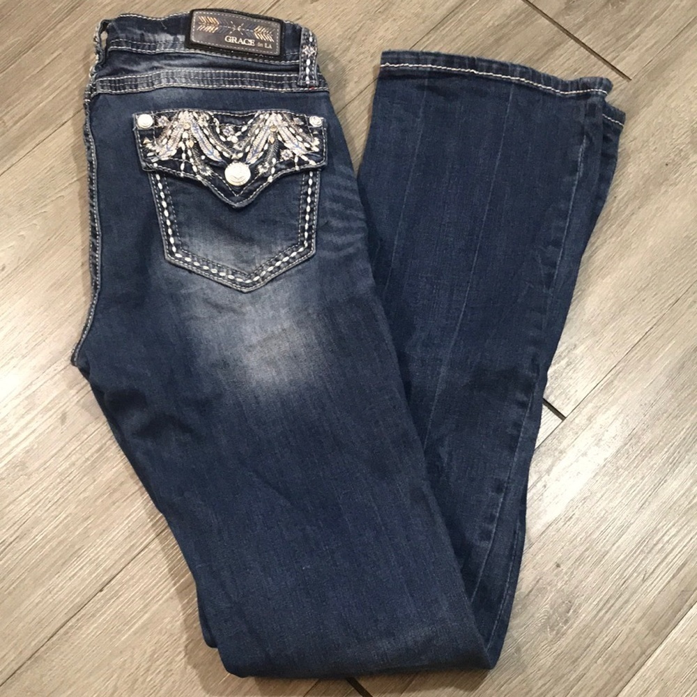 Grace in LA Stretch Bootcut Embroidered & Rhinestone Pocket Jeans size 27